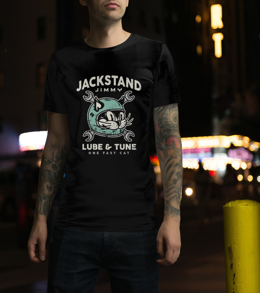 Jackstand Jimmy Lube & Tune One Fast Cat Helmet Wrench T-Shirt
