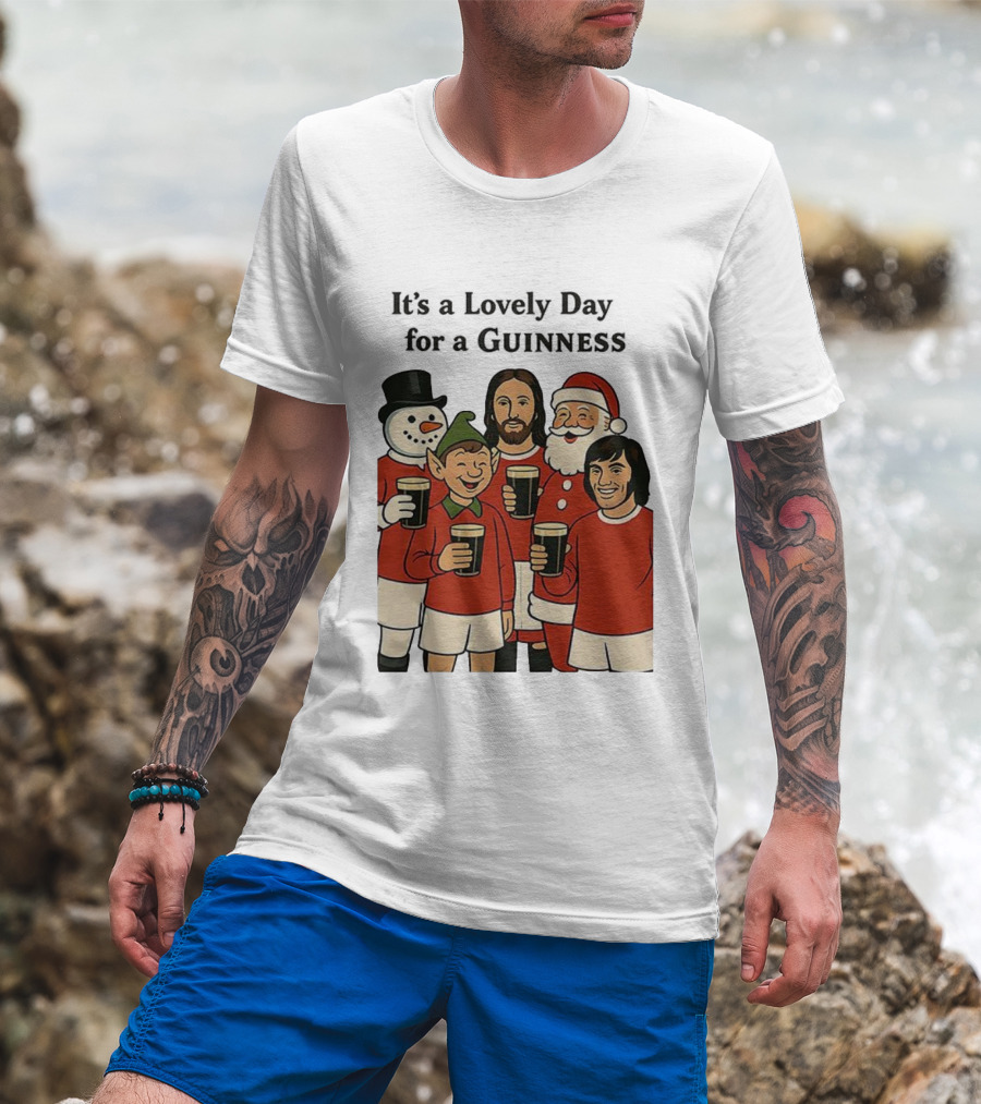 It's A Lovely Day For A Guinness Manchester United Christmas With Festive Characters T-Shirt