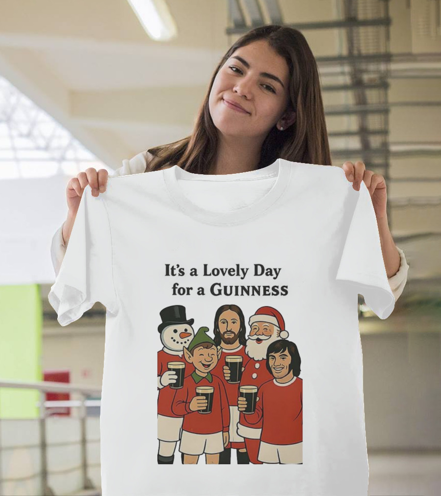 It's A Lovely Day For A Guinness Manchester United Christmas With Festive Characters T-Shirt