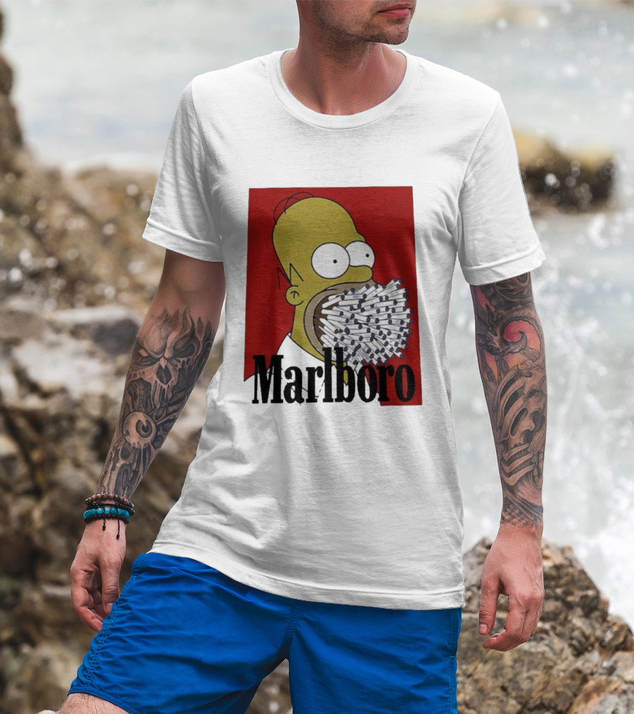 Homer Simpson Cigarette Mouth Marlboro Red Background T-Shirt