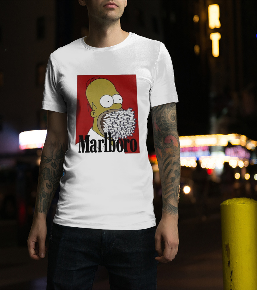 Homer Simpson Cigarette Mouth Marlboro Red Background T-Shirt