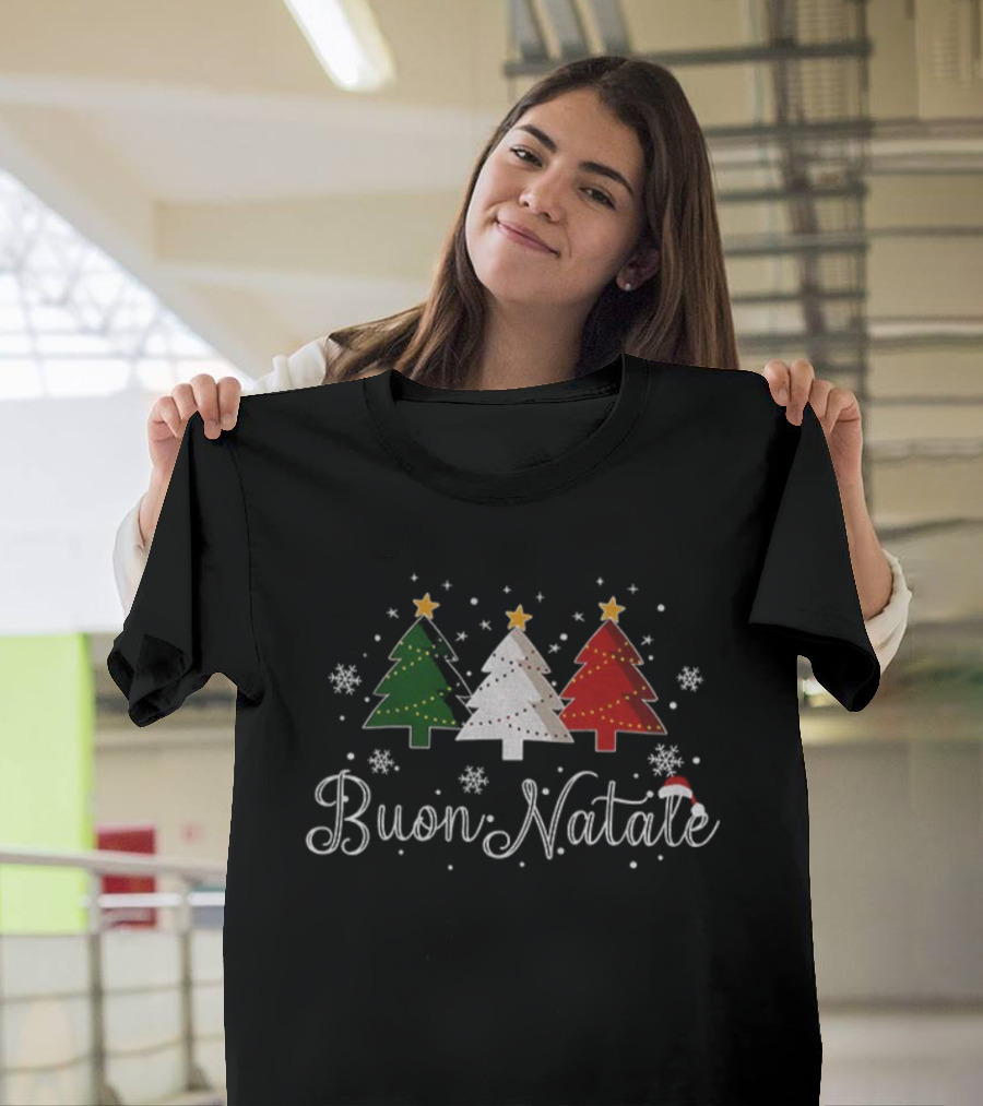 Buon Natale Italian Christmas Green White Red Trees Snowflakes Santa Hat T-Shirt