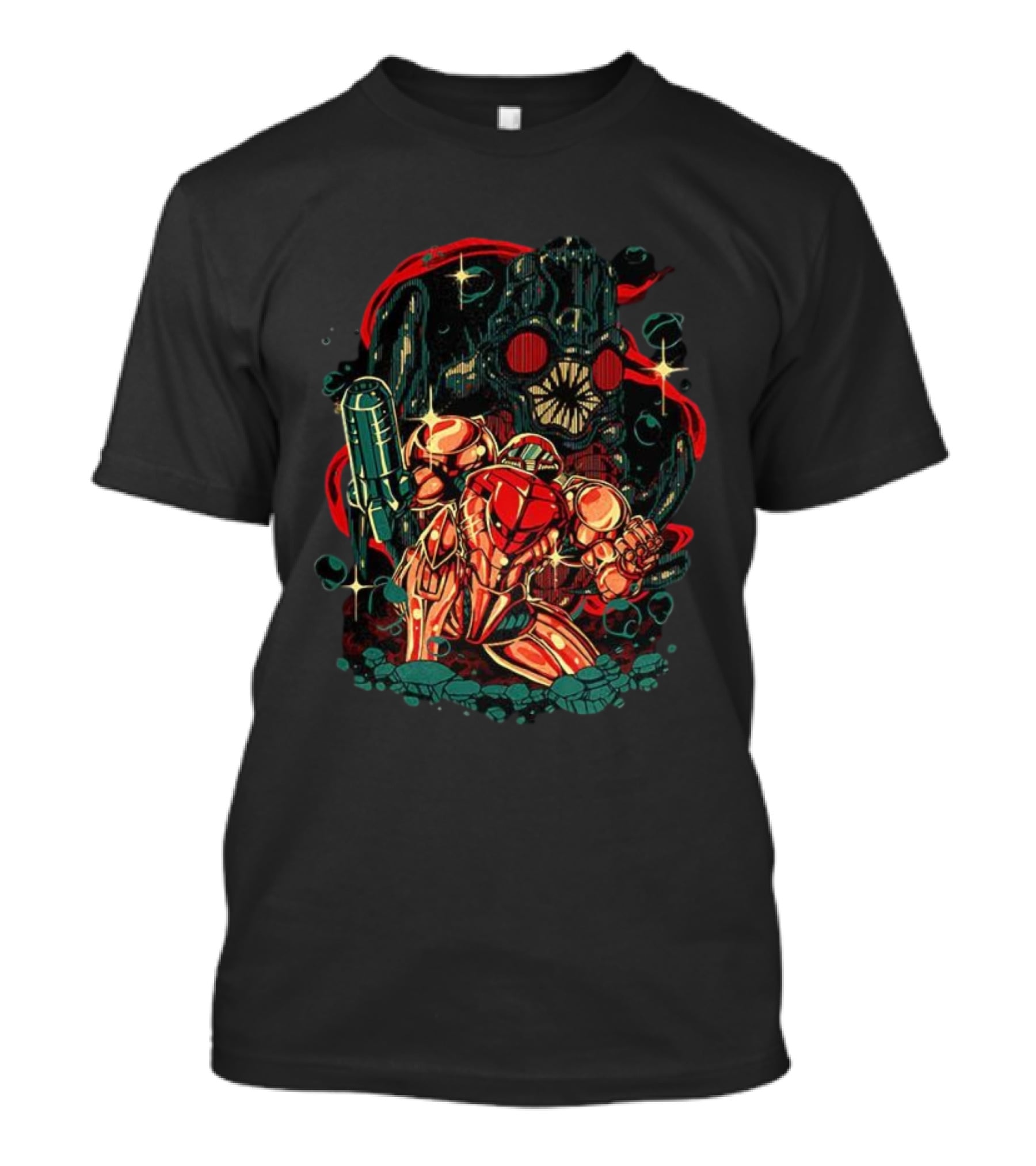 Samus Aran Vs Mother Brain Metroid In The Depths Adventure Showdown T-Shirt