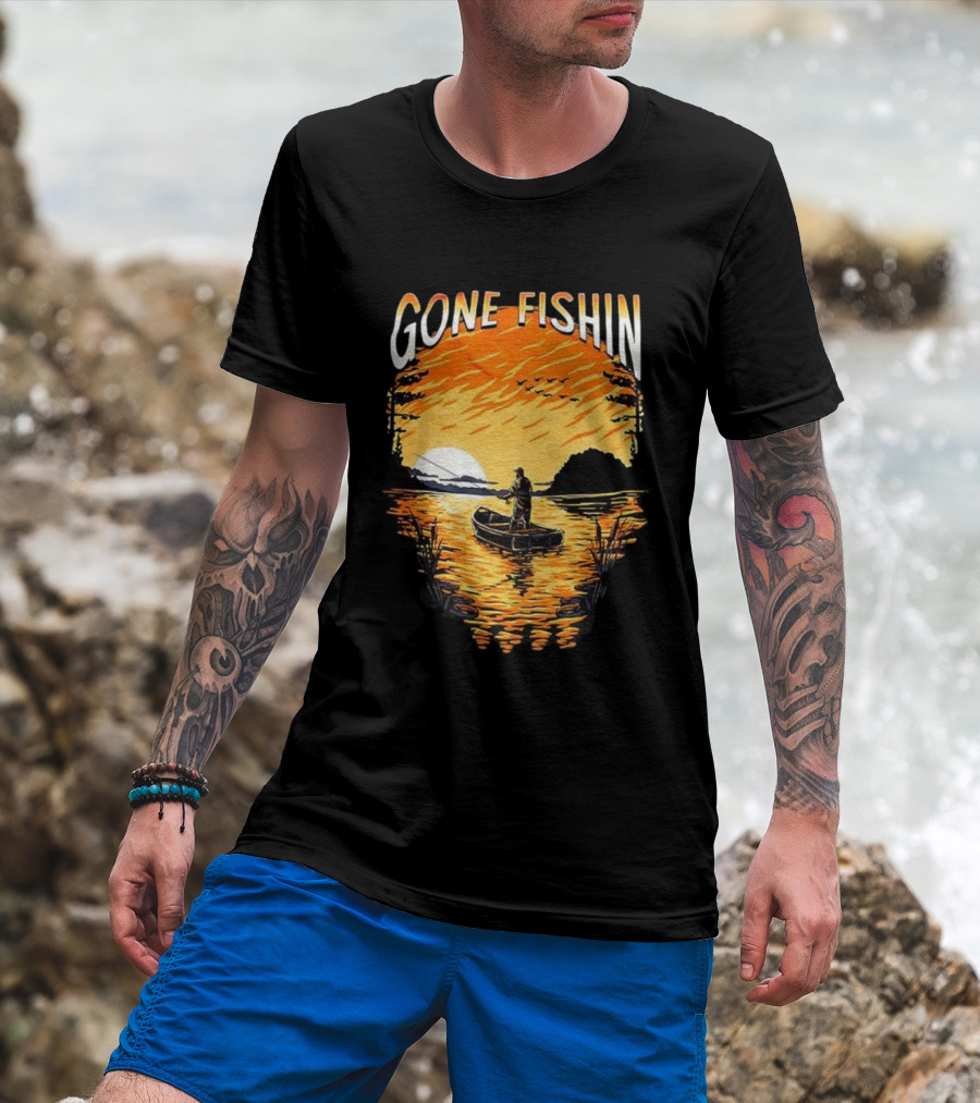Gone Fishin Sunset Lake Boat Silhouette T-Shirt
