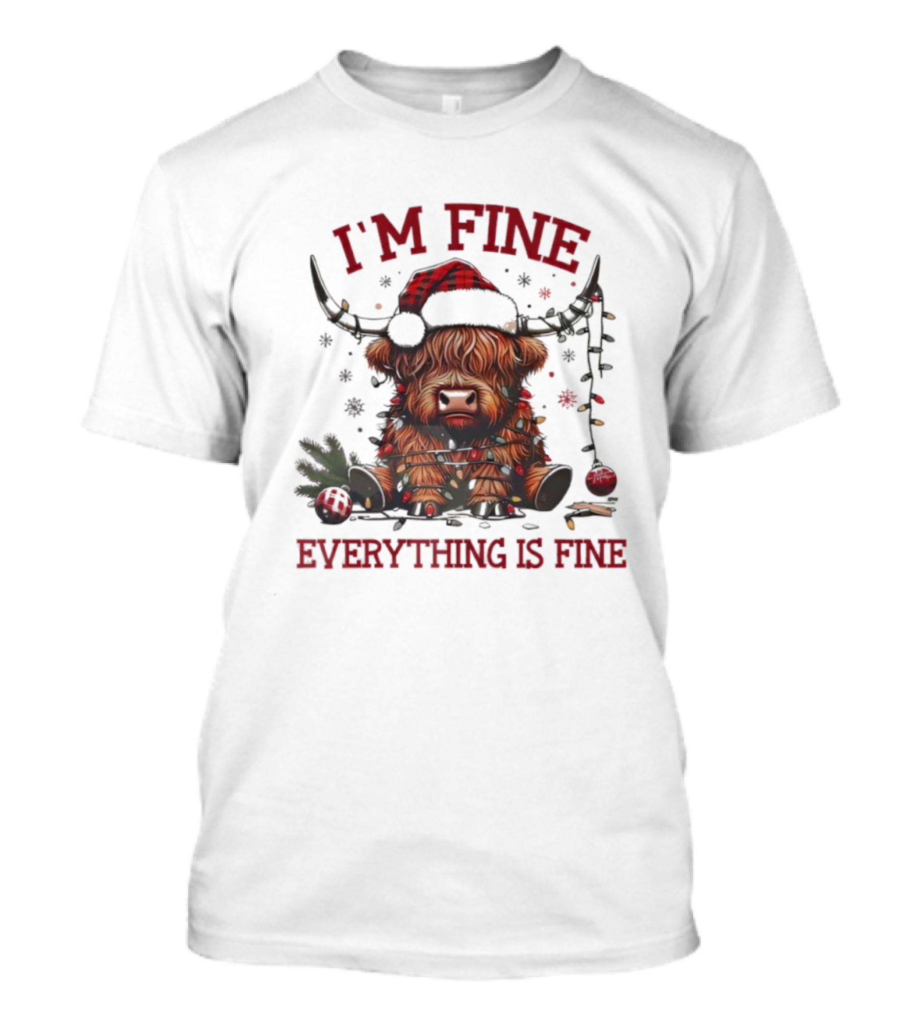 I'm Fine Everything Is Fine Christmas Lights Cow Holiday T-Shirt