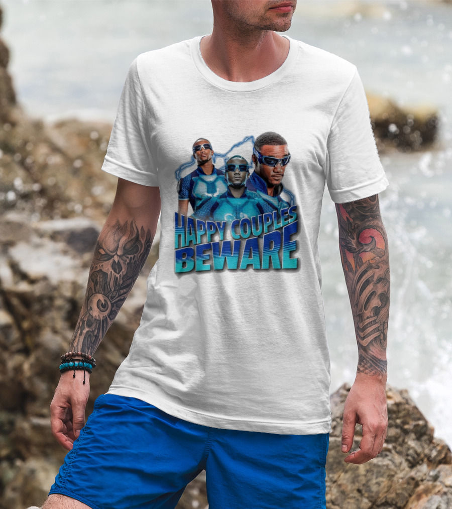 Happy Couples Beware Blue Outfits And Sunglasses Trio T-Shirt