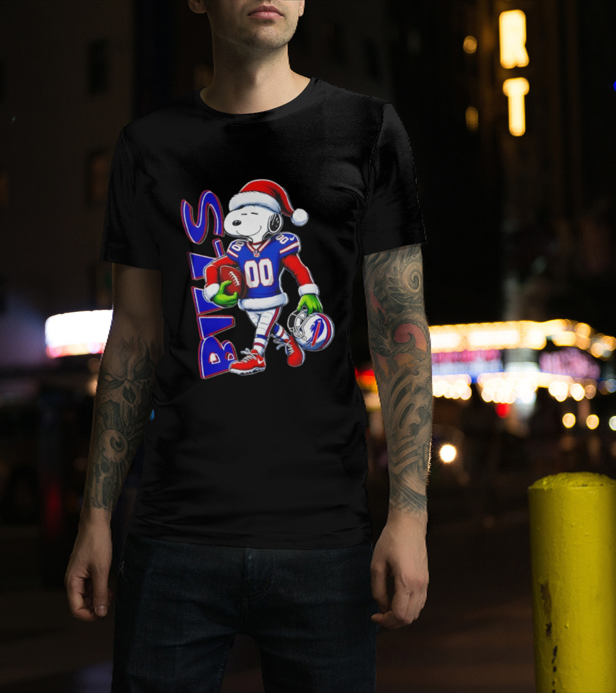 Buffalo Bills Snoopy Christmas NFL Football Player With Santa Hat And Grinch Hands T-Shirt