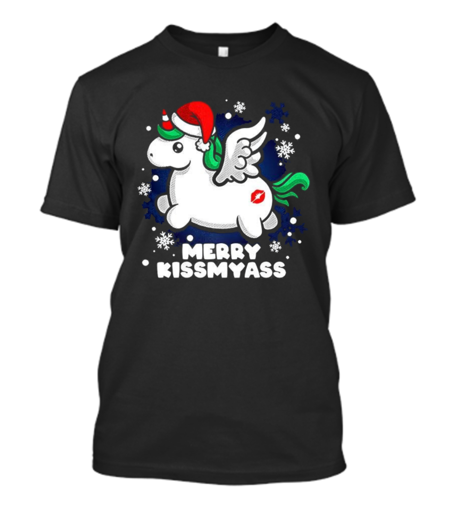 Merry Kissmyass Pegasus Santa Hat Snowflakes T-Shirt