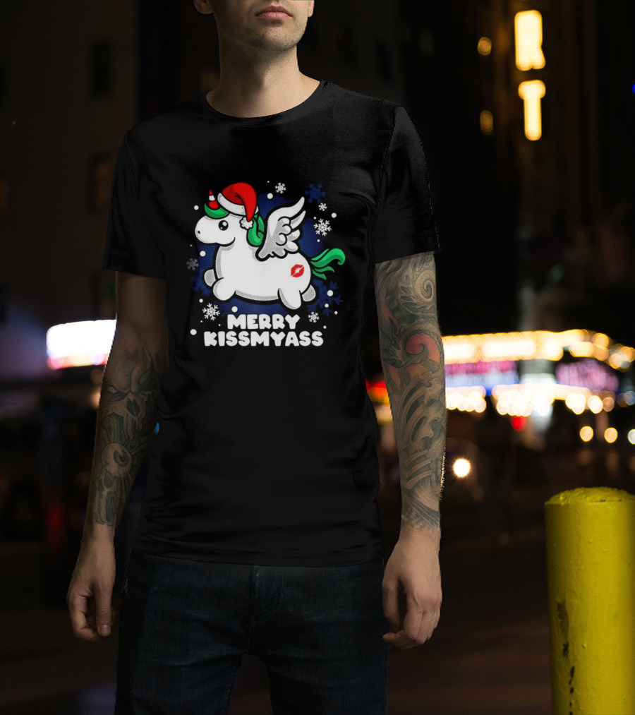 Merry Kissmyass Pegasus Santa Hat Snowflakes T-Shirt