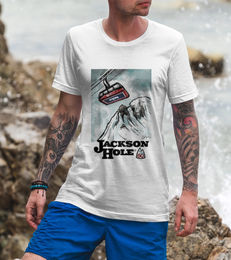 Jackson Hole 60th Anniversary Kelly Halpin Ski Tram Mountain Scene T-Shirt