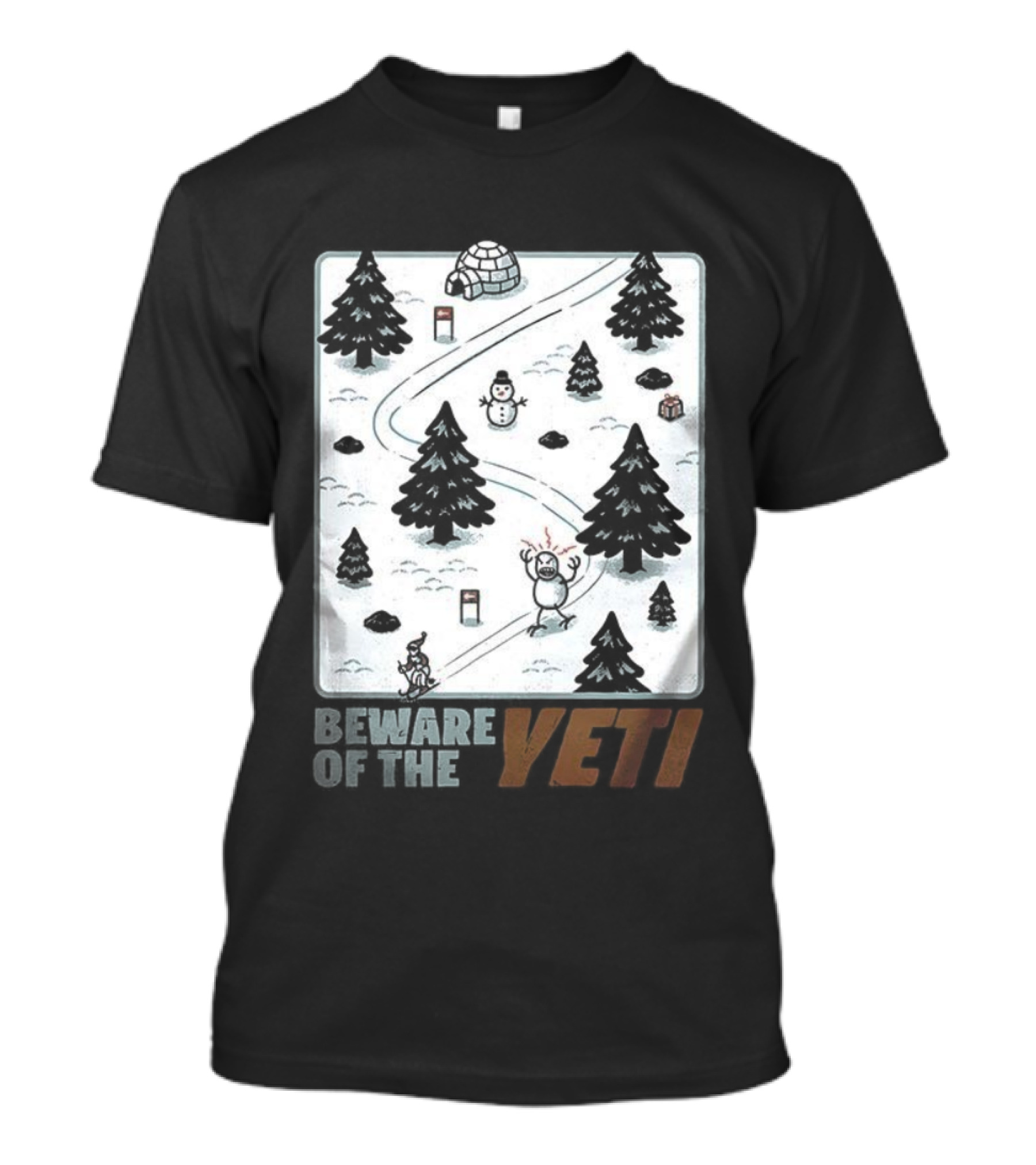 Beware Of The Yeti Funny Cartoon Ski Slope Scene T-Shirt