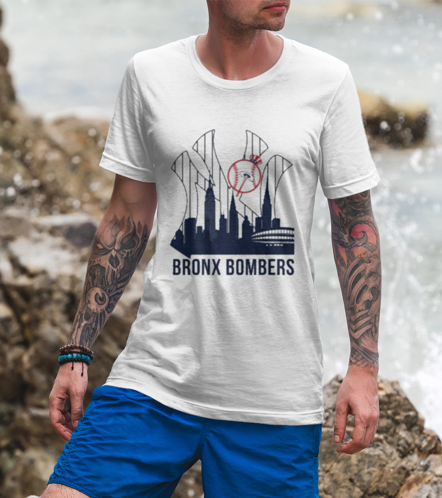 New York Yankees Bronx Bombers Skyline Classic Yankees Bat And Hat Icon T-Shirt