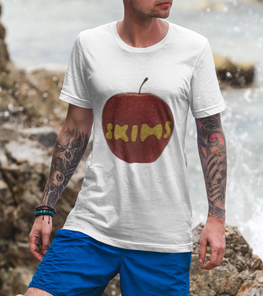 Skims Apple Bold Yellow Text On Red Apple T-Shirt
