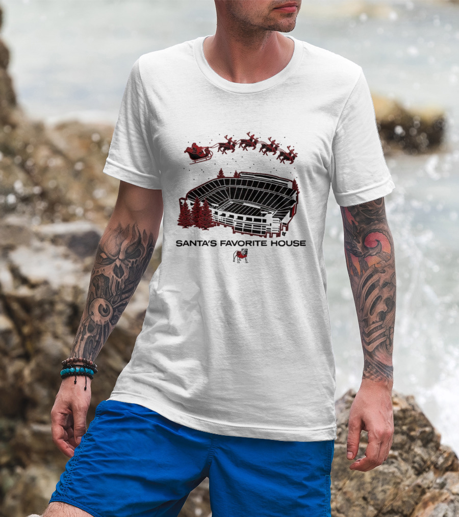 Santa's Favorite House Georgia Bulldogs Sanford Stadium Holiday Scene T-Shirt