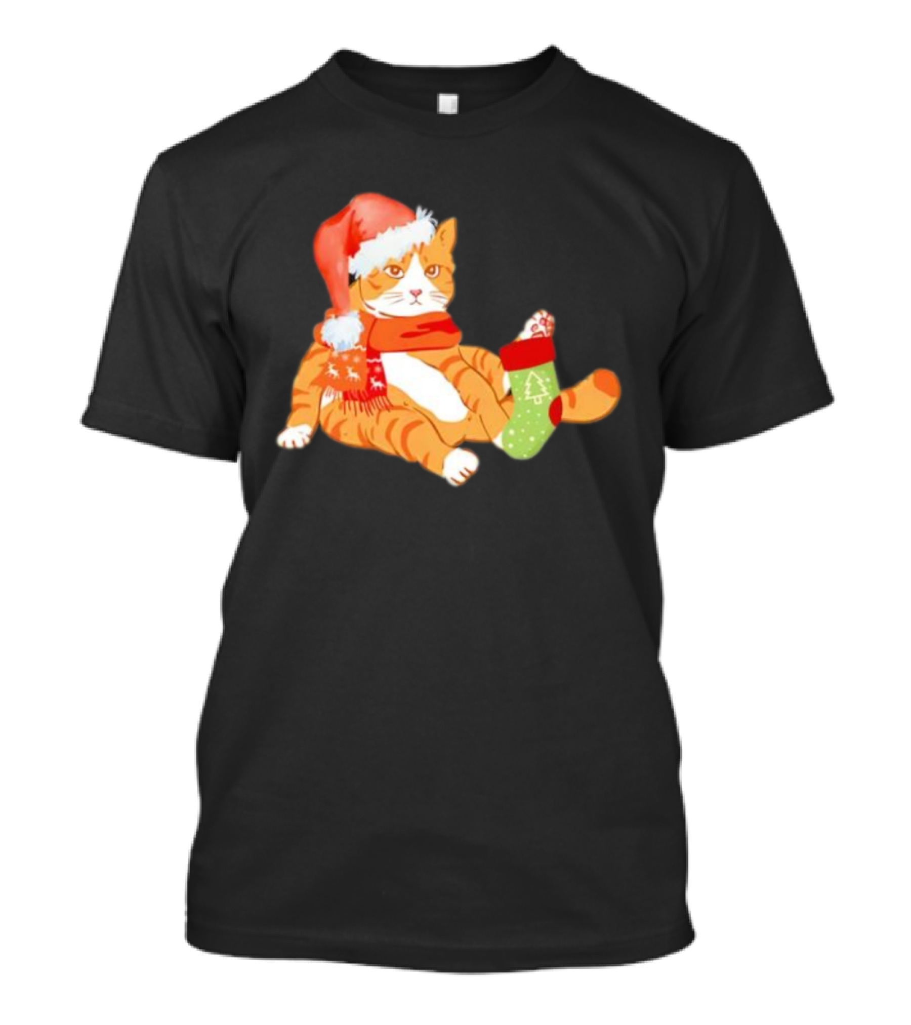 Cute Christmas Orange Cat Santa Hat Festive Stocking T-Shirt
