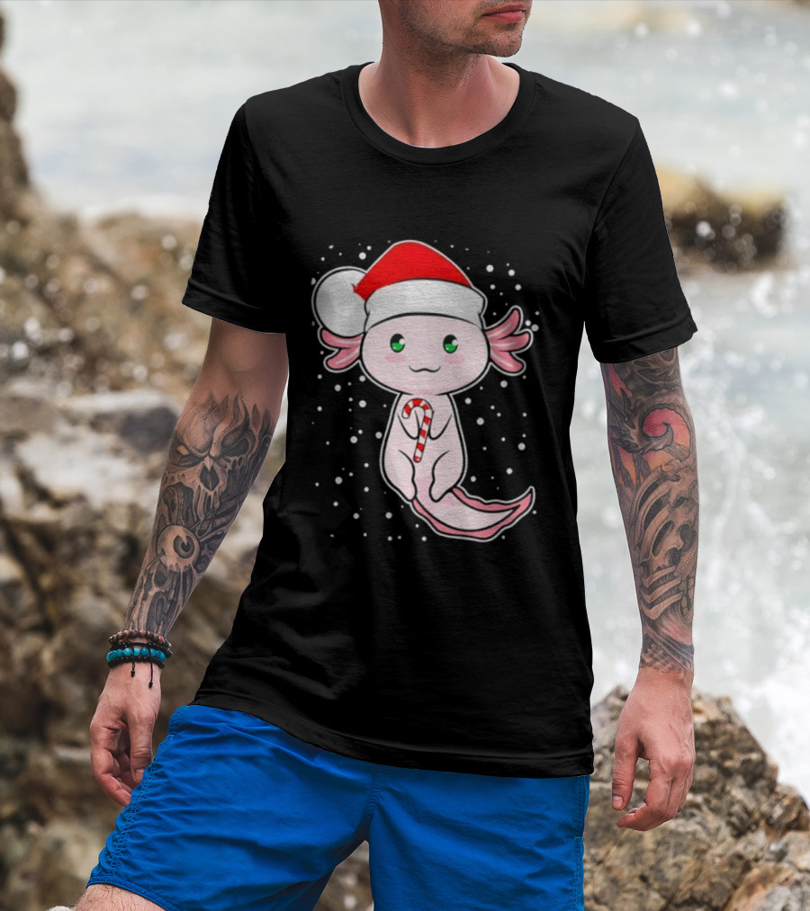 Axolotl Christmas Candy Cane Santa Hat Cute Holiday Snowflakes T-Shirt