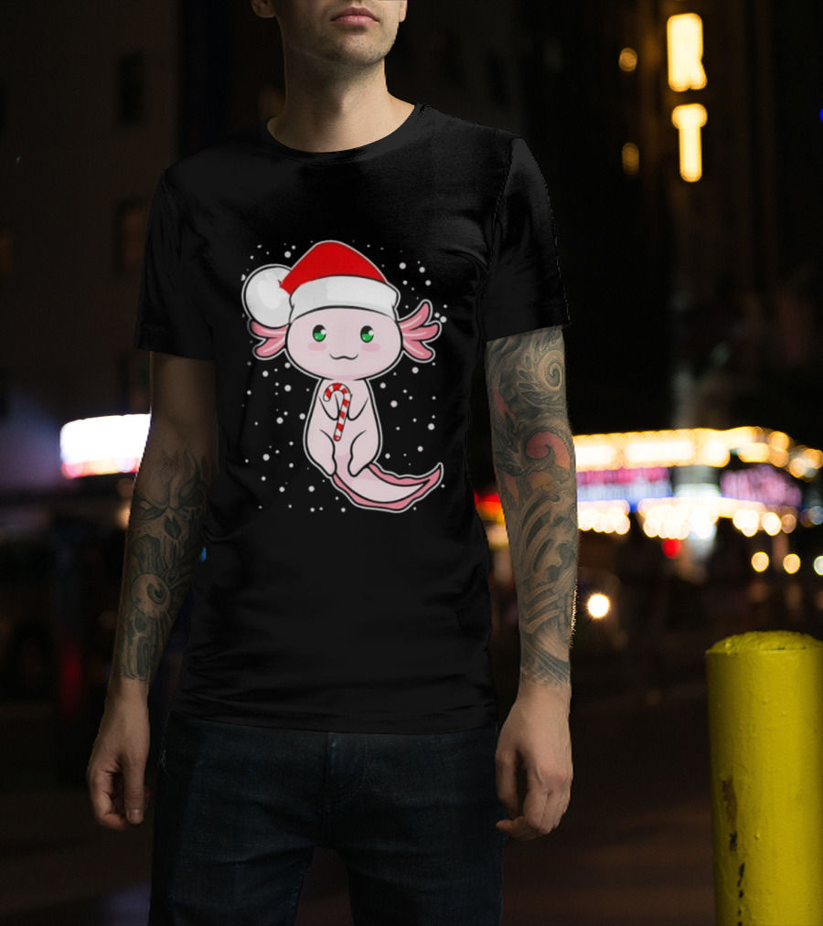Axolotl Christmas Candy Cane Santa Hat Cute Holiday Snowflakes T-Shirt