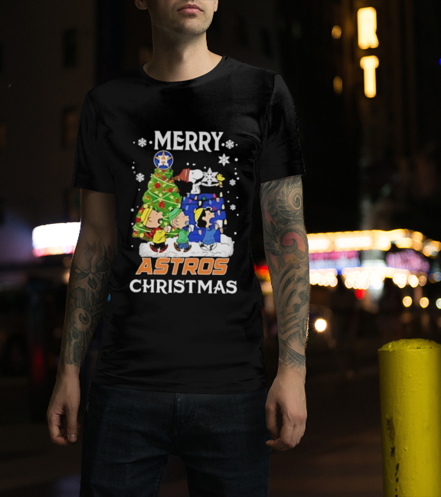 Merry Astros Christmas Snoopy And Friends Holiday Baseball Celebration T-Shirt