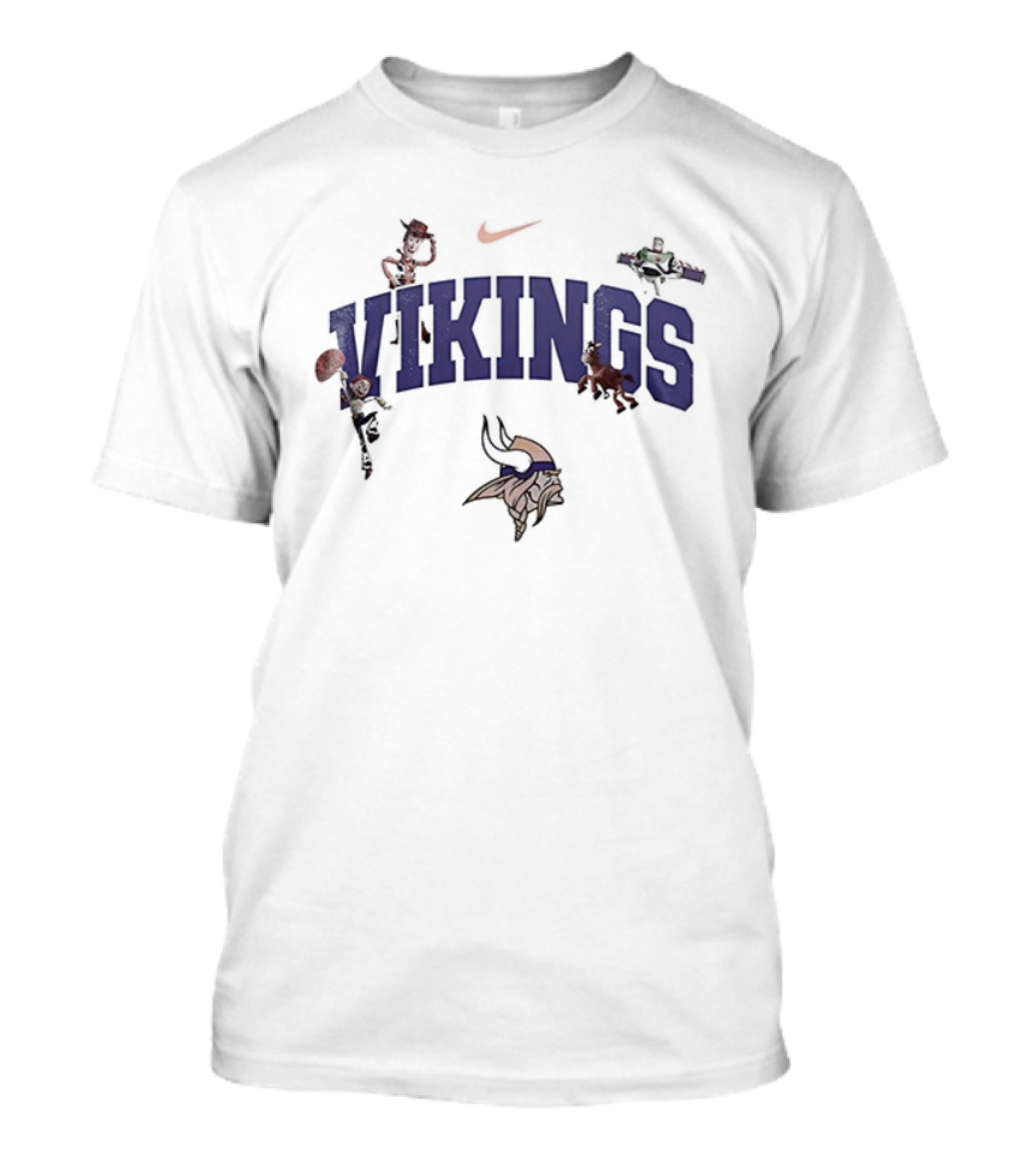 Nike Minnesota Vikings Toy Story Collaboration With Woody, Buzz Lightyear, And Mr. Potato Head T-Shirt
