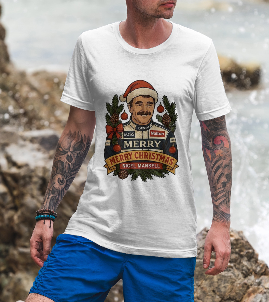 Nigel Mansell Merry Christmas Boss Denim Nulton Goodyear Racing Santa Hat Pinecones T-Shirt