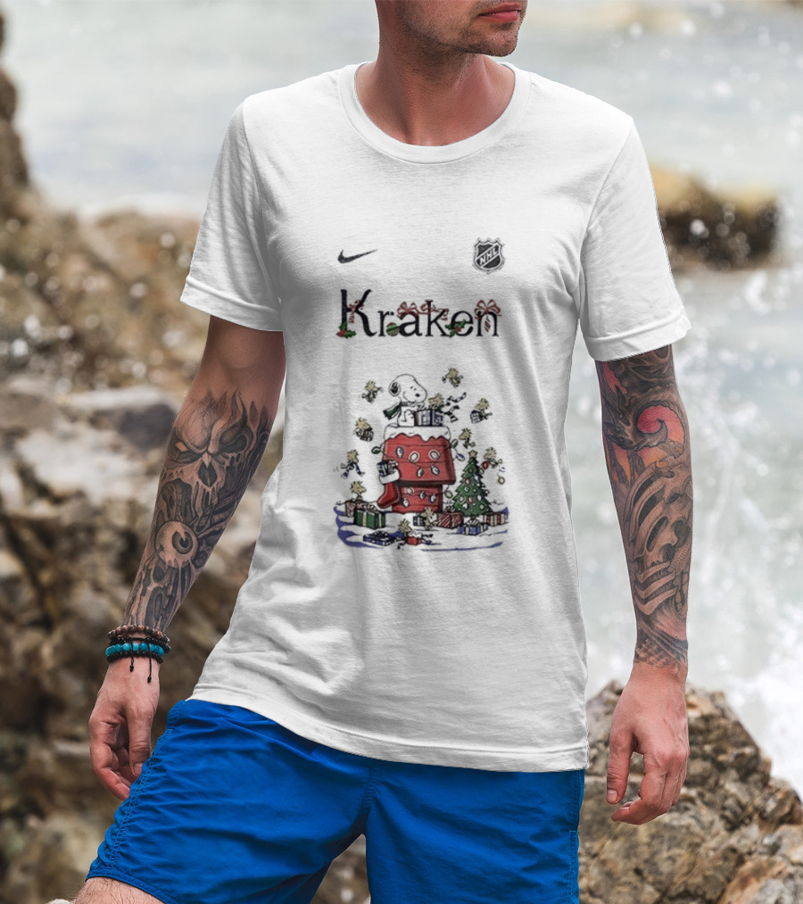 Nike Snoopy Christmas Seattle Kraken Peanuts Holiday Collaboration T-Shirt