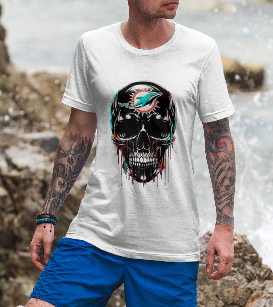 Miami Dolphins Skull Black Art Football Team Skull Fusion T-Shirt