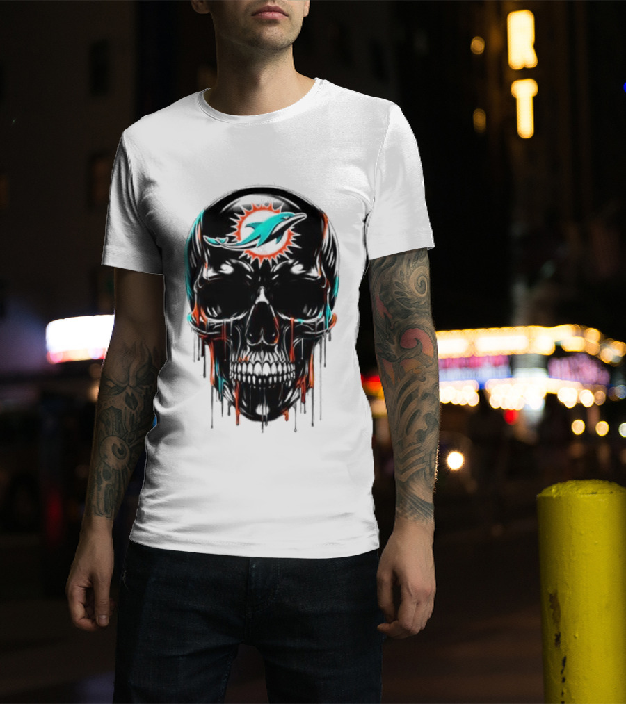 Miami Dolphins Skull Black Art Football Team Skull Fusion T-Shirt