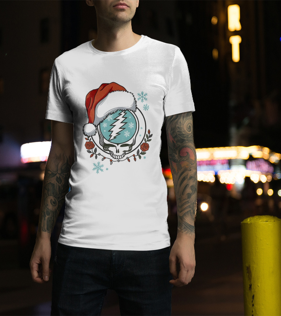 Grateful Dead Steal Your Face Santa Hat Christmas Roses Snowflakes T-Shirt