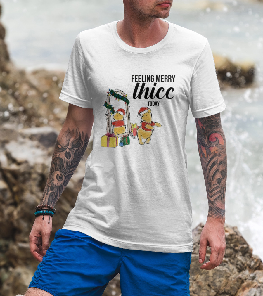 Winnie The Pooh Feeling Merry Thicc Today Christmas Mirror Reflection Holiday Gifts Santa Hat T-Shirt