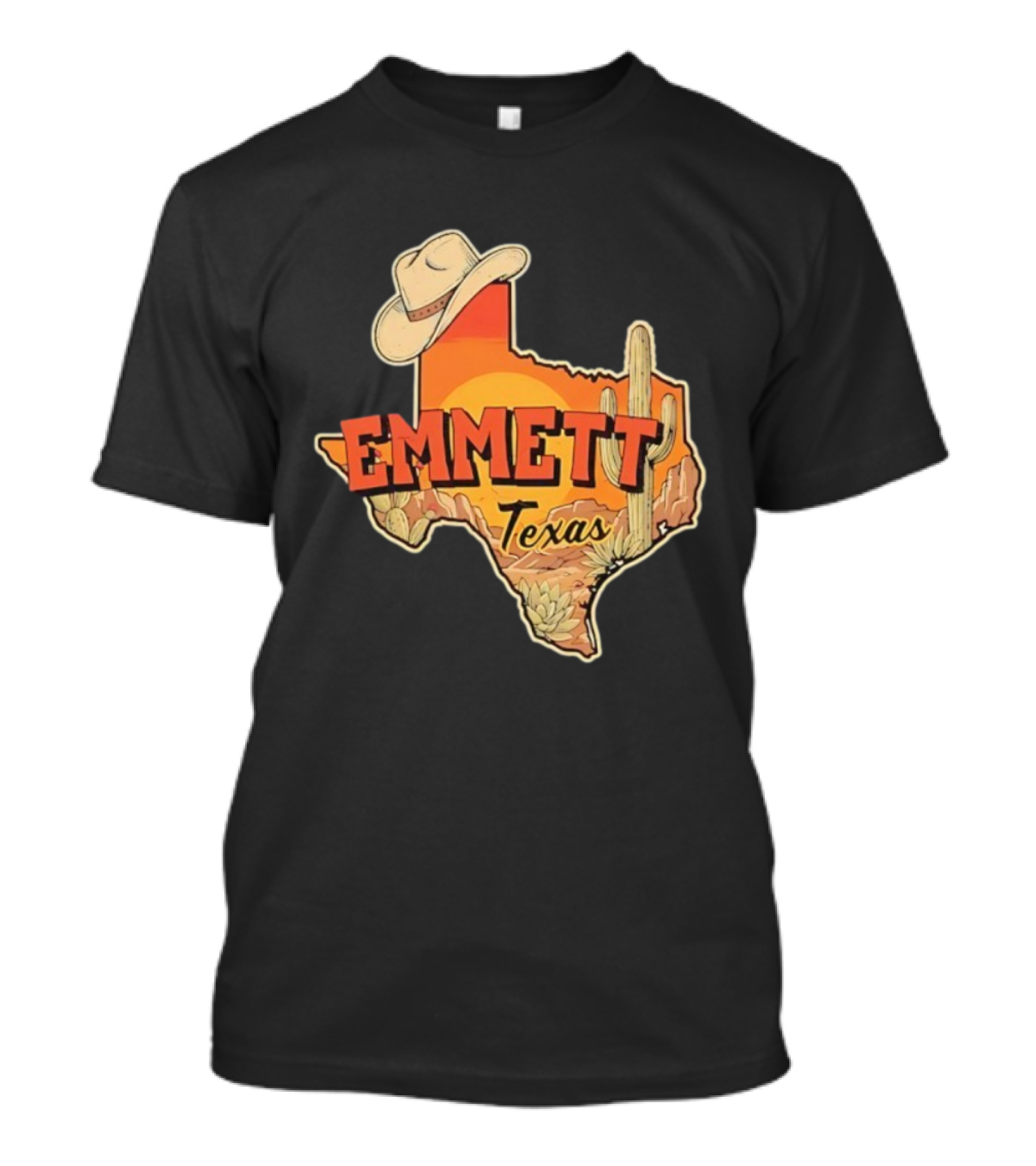 Emmett Texas Cowboy Hat Cactus Sunset Vintage Desert Scene T-Shirt
