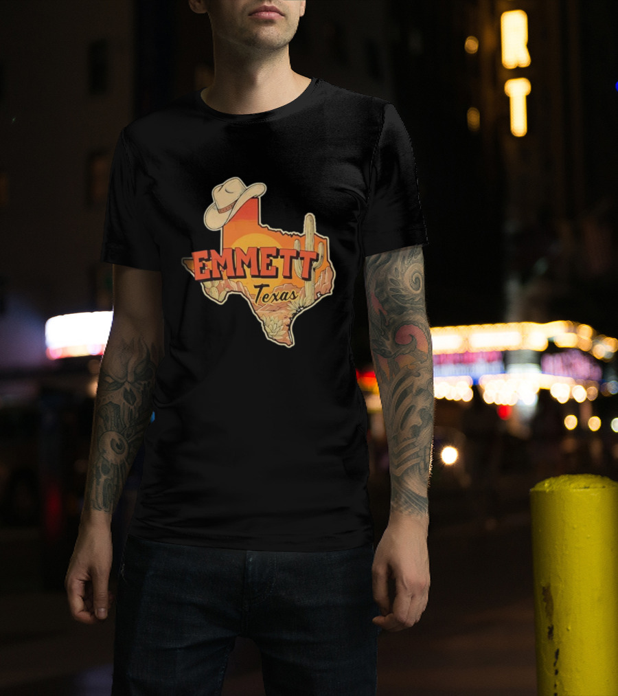 Emmett Texas Cowboy Hat Cactus Sunset Vintage Desert Scene T-Shirt