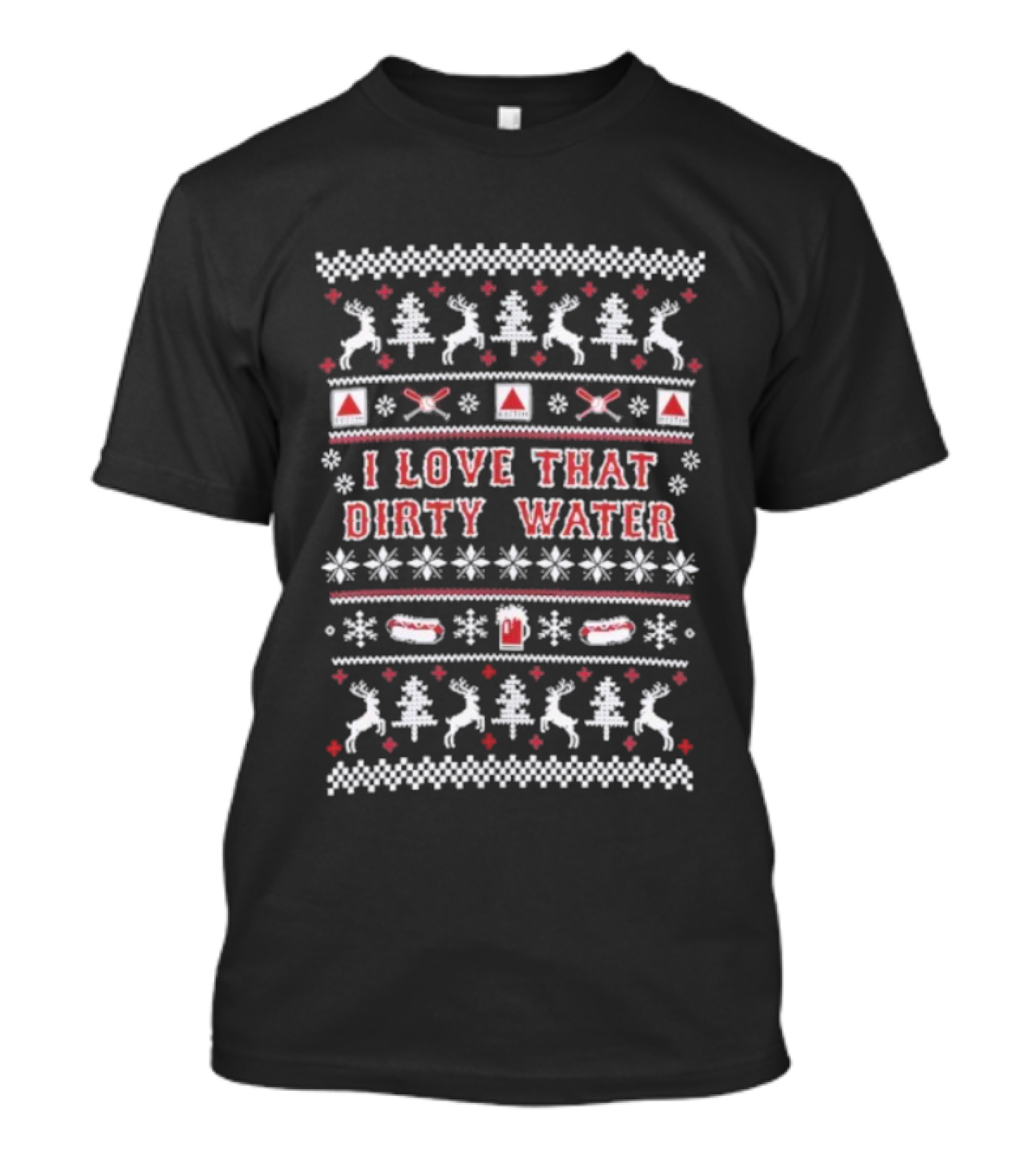 I Love That Dirty Water Christmas Tree Reindeer Crossing Hockey Ugly T-Shirt