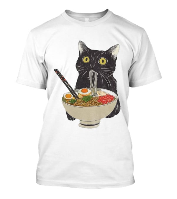 Black Cat Slurping Ramen With Chopsticks Japan Style T-Shirt