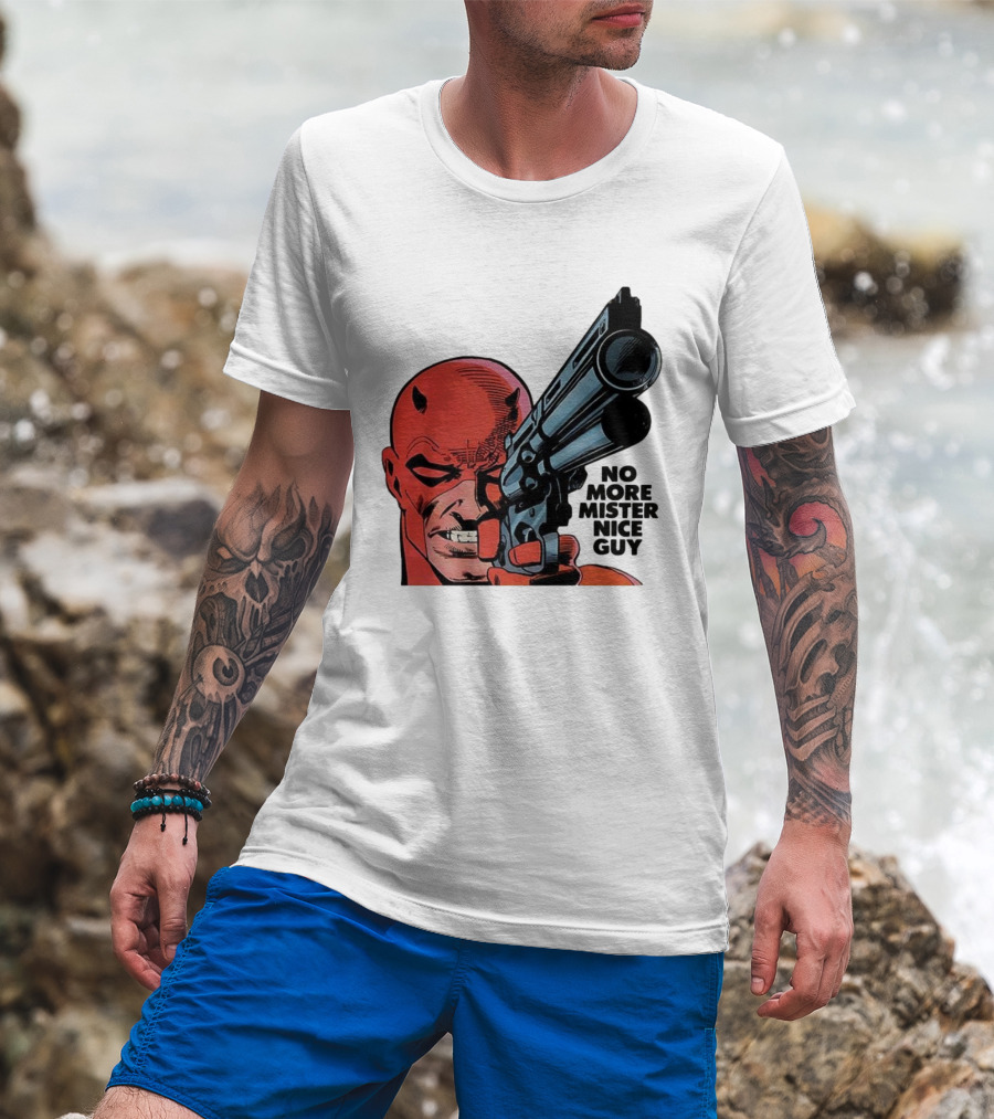 No More Mister Nice Guy Devil With Gun Retro Comic Style T-Shirt