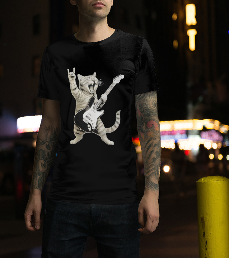 Funny Cat Playing Electric Guitar Rock And Roll Pose T-Shirt