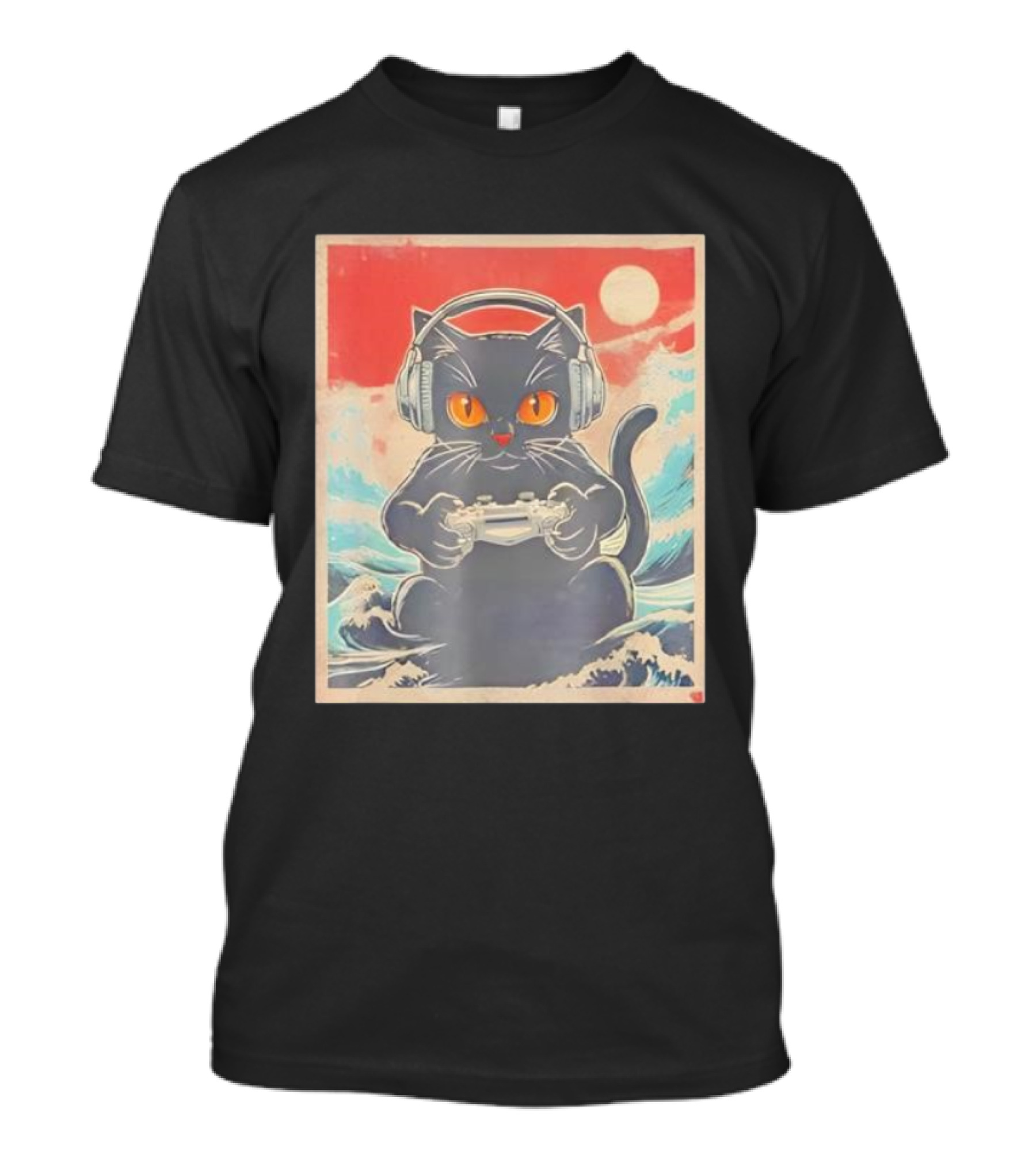 Kawaii Cat Anime Gamer Headphones Japanese Art Gaming Waves T-Shirt