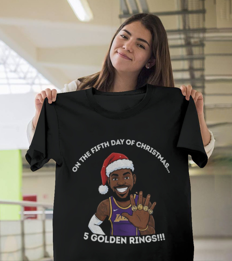 Lebron James Lakers Christmas Five Golden Rings Santa Hat T-Shirt