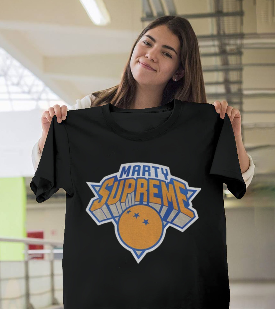 Marty Supreme New York Knicks Inspired Graphics Orange Blue Basketball T-Shirt