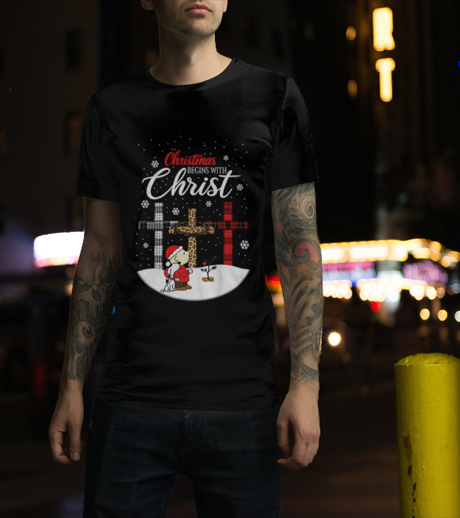 Christmas Begins With Christ Snoopy Charlie Brown Holiday Snow Scene T-Shirt