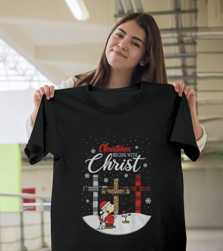 Christmas Begins With Christ Snoopy Charlie Brown Holiday Snow Scene T-Shirt