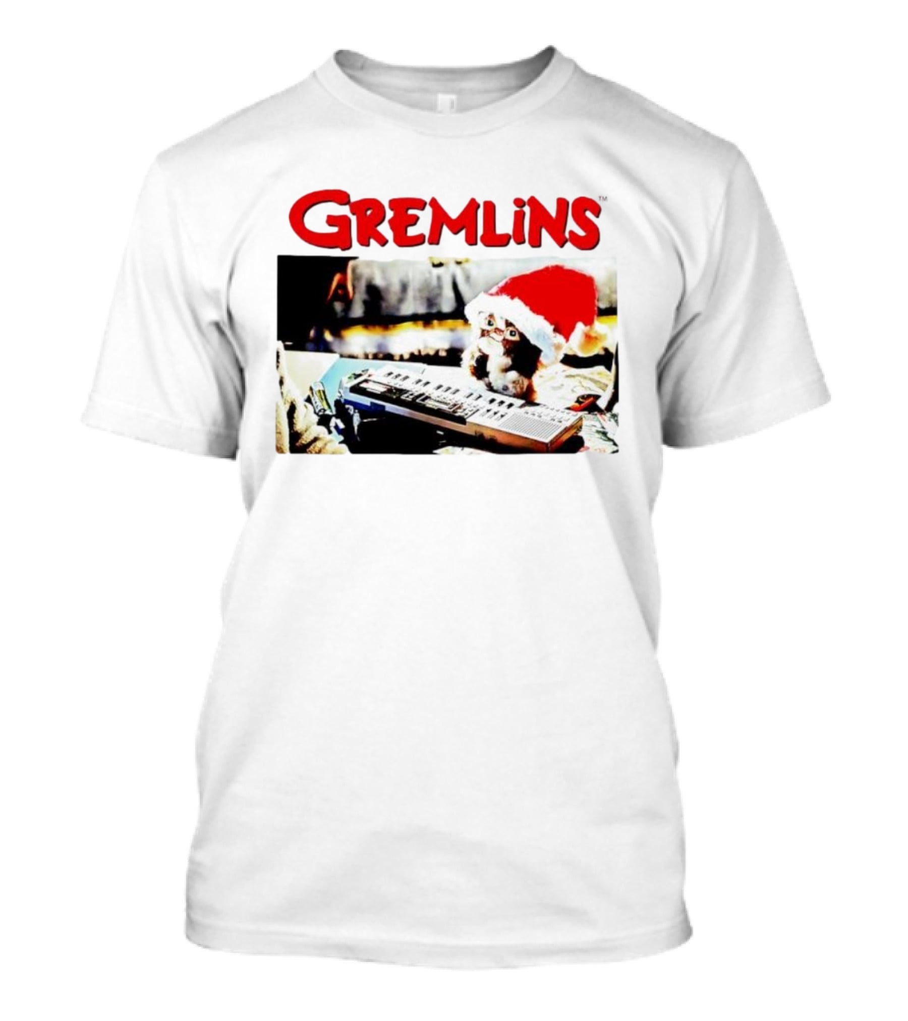 Gremlins Gizmo Christmas Santa Hat Keyboard Scene T-Shirt