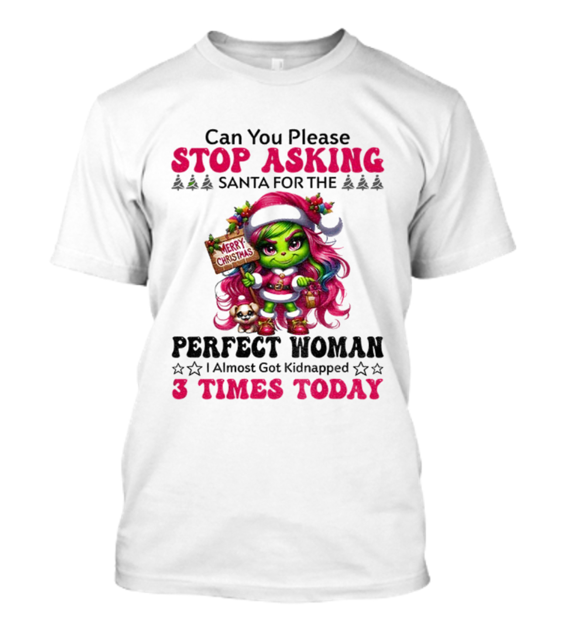 Grinch Stop Asking Santa Perfect Woman Almost Kidnapped 3 Times Today Christmas T-Shirt