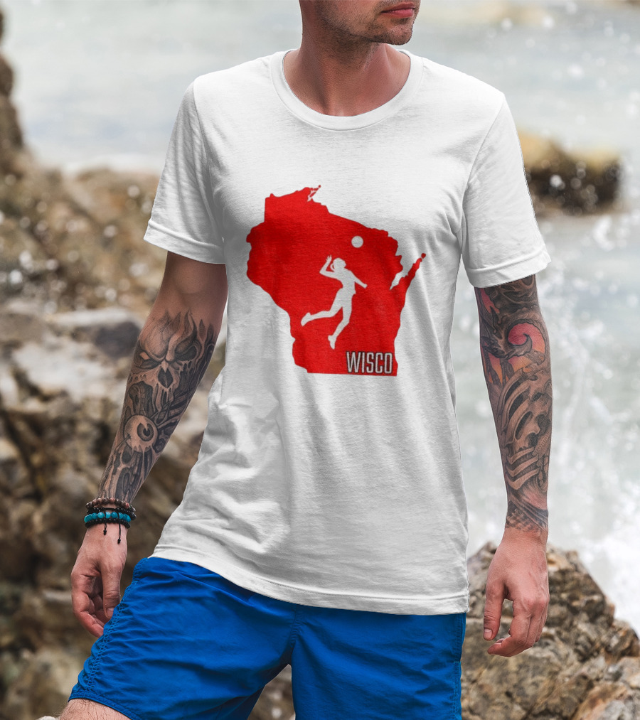 Wisconsin Badgers Volleyball Wisco Map Athlete Silhouette T-Shirt