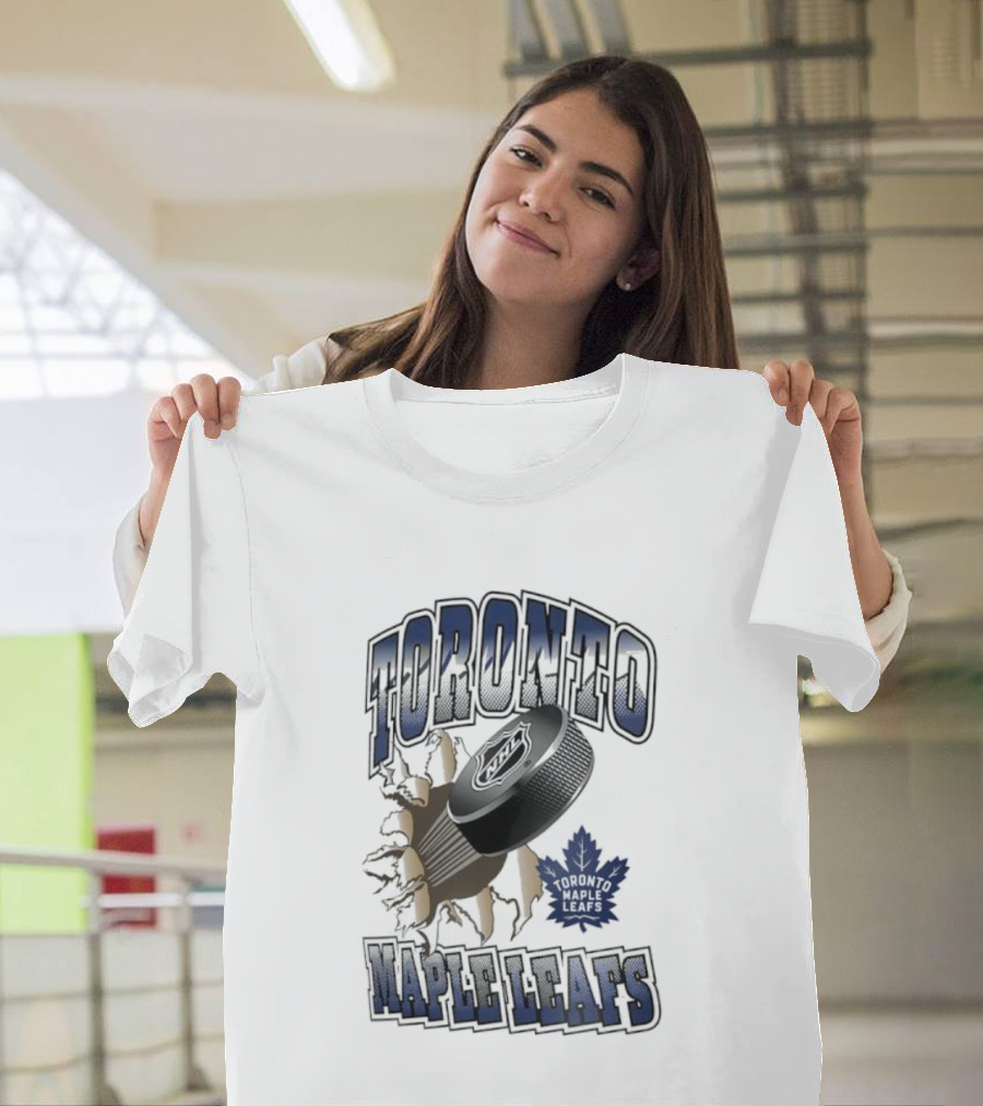 Toronto Maple Leafs Puck Breaking Cracked Wall With Maple Leaf Emblem T-Shirt