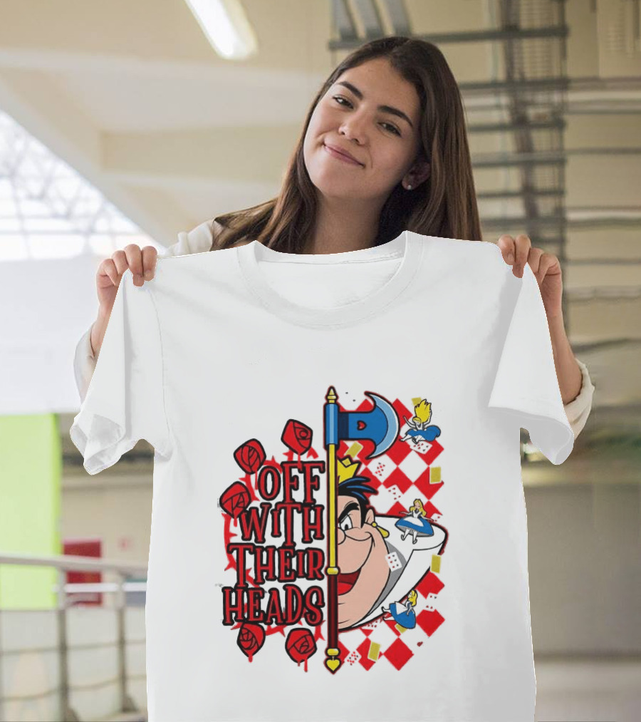 Off With Their Heads Queen Hearts Alice In Wonderland Axe Chessboard Cartoon T-Shirt