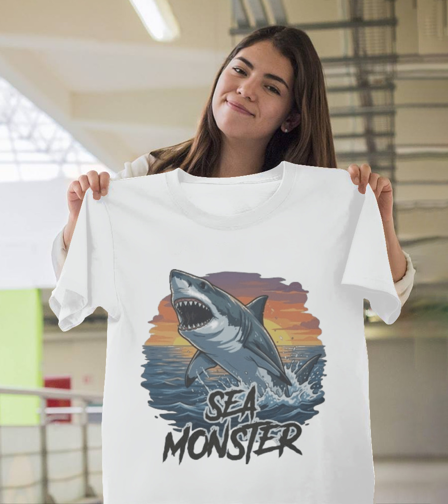 Rawwfishing Sea Monster Shark Sunset Ocean Scene T-Shirt