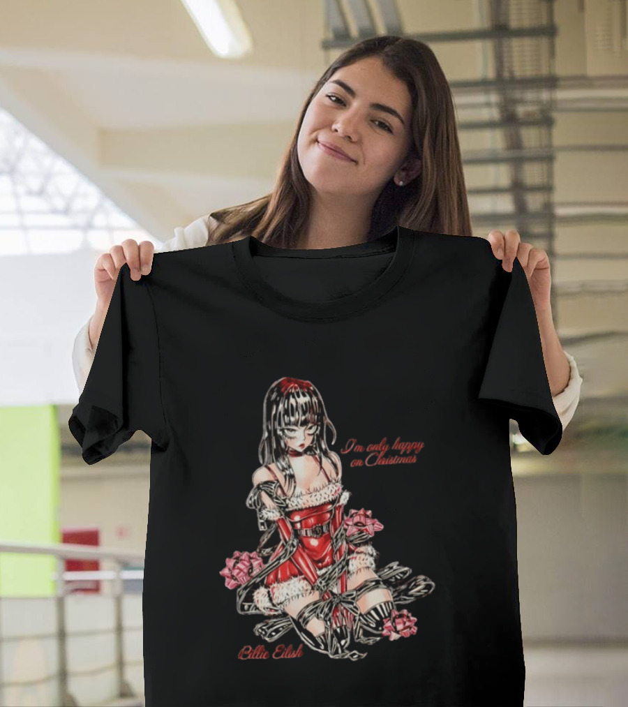 Billie Eilish I'm Only Happy On Christmas Red Outfit Wrapping Ribbon T-Shirt