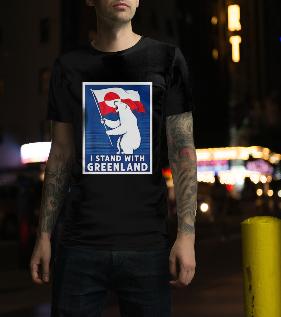 I Stand With Greenland Polar Bear Holding Flag Solidarity Banner T-Shirt