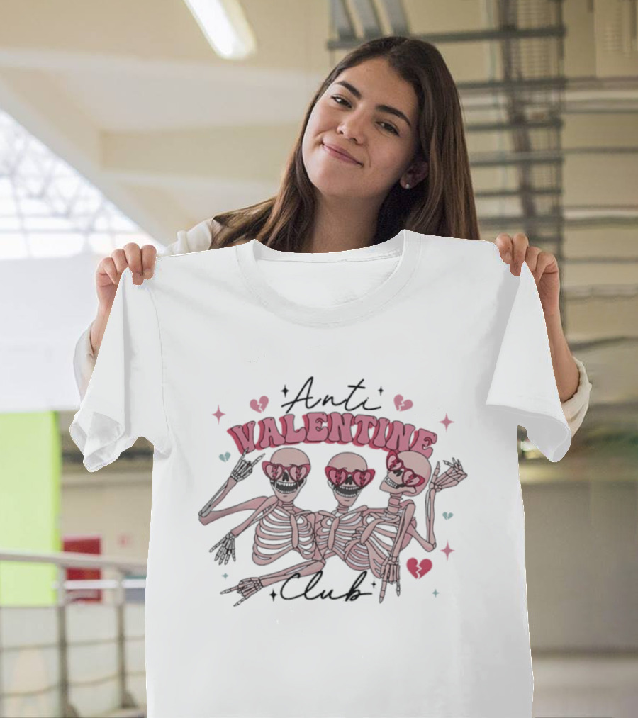 Anti Valentine Club Three Pink Skeletons Dancing Rock And Roll T-Shirt