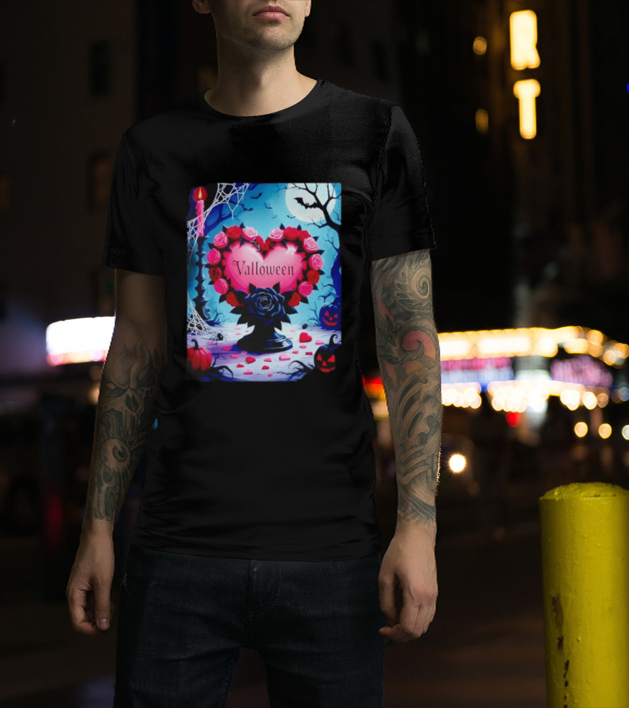 Valloween Romance And Menace Heart Rose Candle Moonlit Halloween T-Shirt